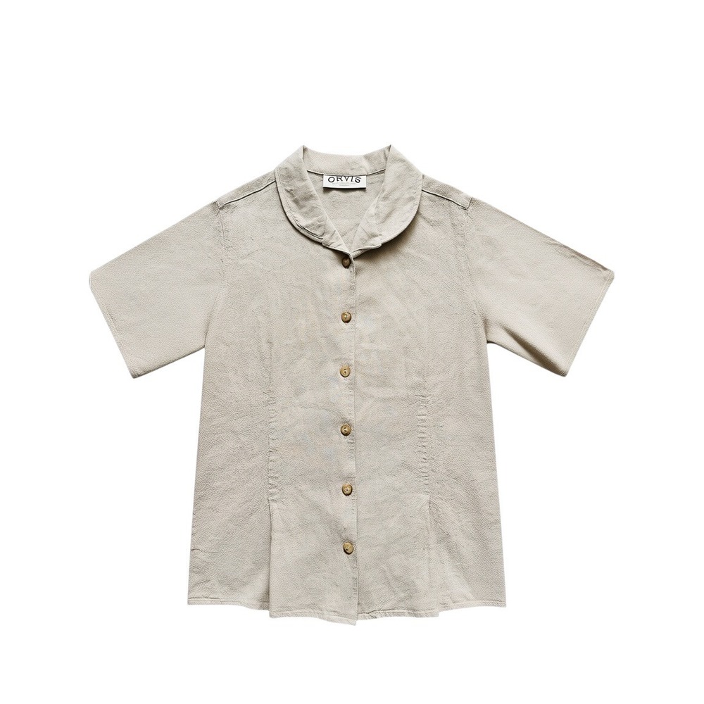 Coastal Linen Orvis Button Top Beige Rayon Camp Blouse M - Picture 2 of 8